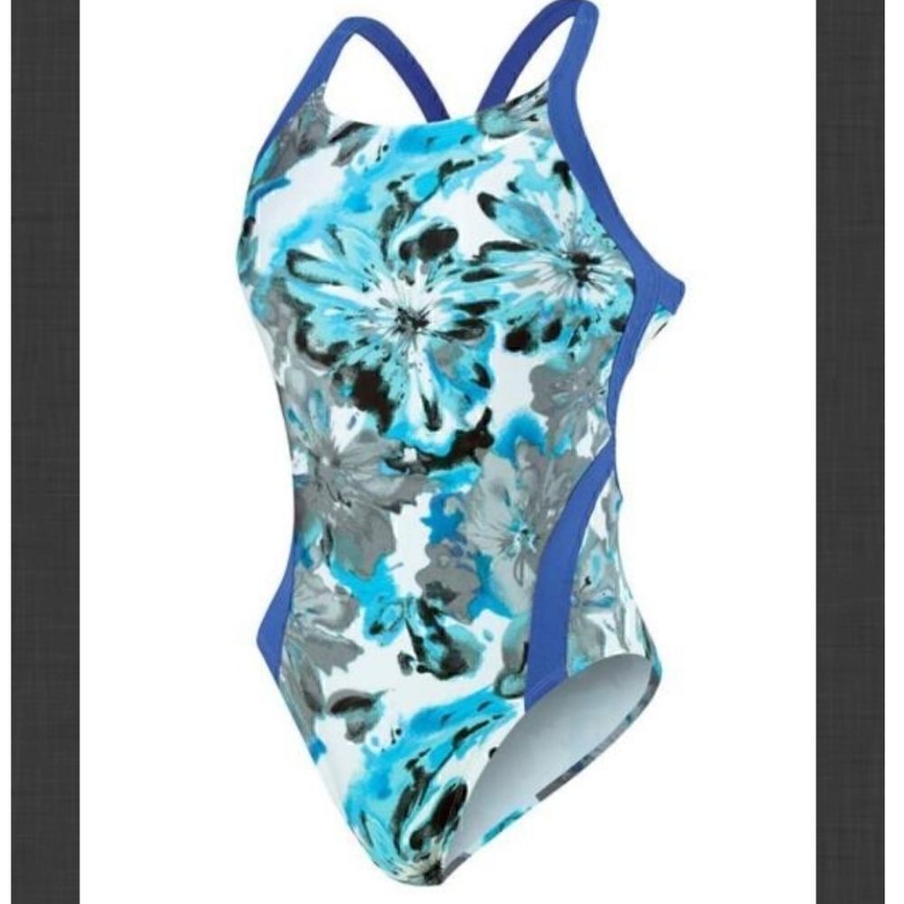 NIKE Blue Tie Dye Floral Fast Back Team Bathing 1pc Swim Suit NEW Girls 10  26